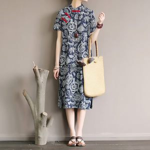 Republic of China style women's dress with improved retro buckle dress summer short sleeve long