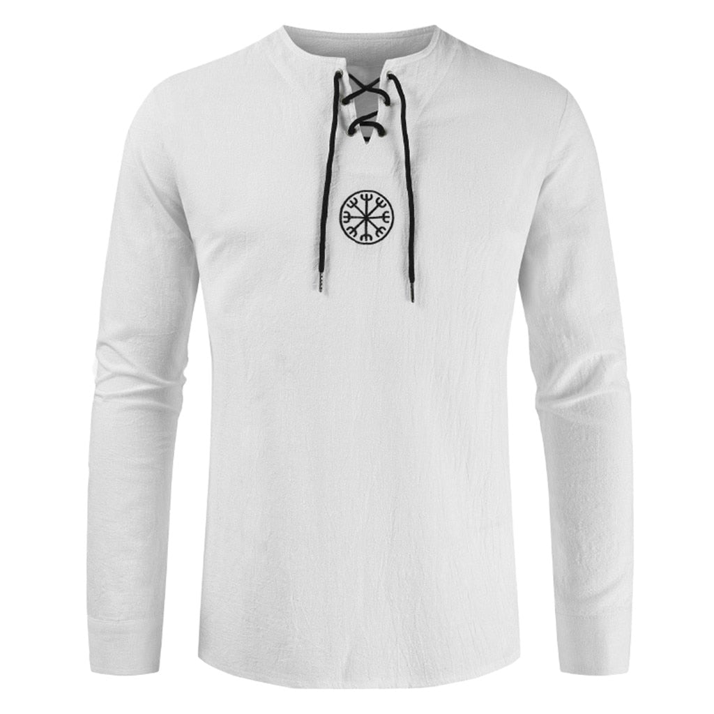 Men's T shirt Drawsting Shirts Tops Blouses Fashion Cotton Linen Solid Medieval Retro Costume Long Sleeve Autumn Tops camisas