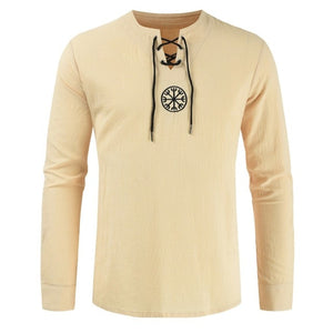 Men's T shirt Drawsting Shirts Tops Blouses Fashion Cotton Linen Solid Medieval Retro Costume Long Sleeve Autumn Tops camisas