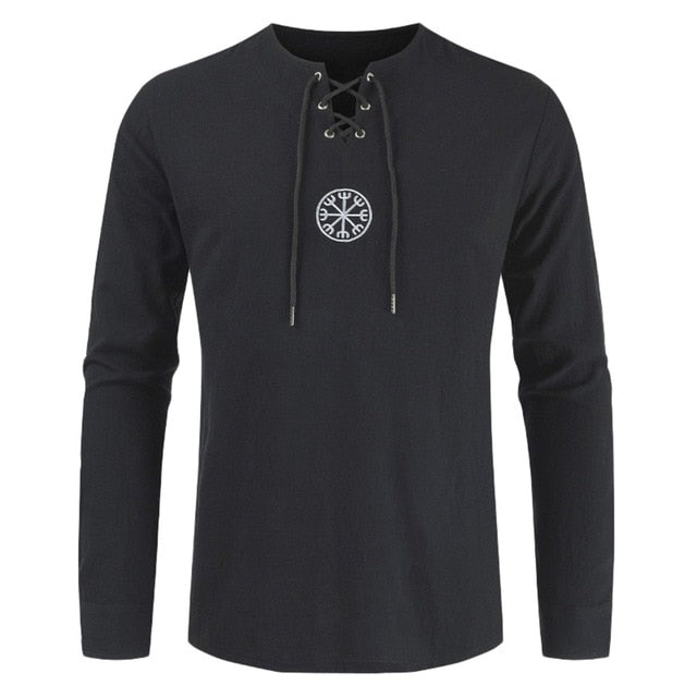 Men's T shirt Drawsting Shirts Tops Blouses Fashion Cotton Linen Solid Medieval Retro Costume Long Sleeve Autumn Tops camisas