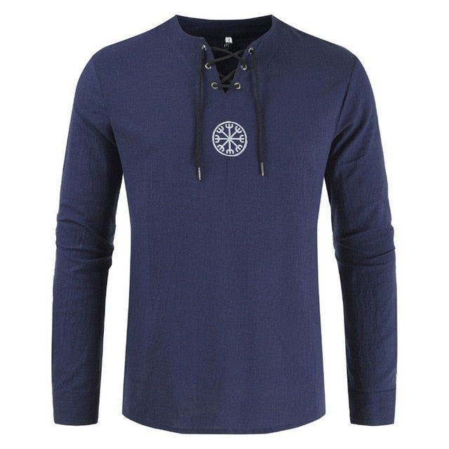 Men's T shirt Drawsting Shirts Tops Blouses Fashion Cotton Linen Solid Medieval Retro Costume Long Sleeve Autumn Tops camisas