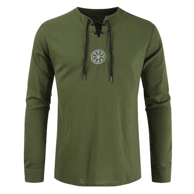 Men's T shirt Drawsting Shirts Tops Blouses Fashion Cotton Linen Solid Medieval Retro Costume Long Sleeve Autumn Tops camisas