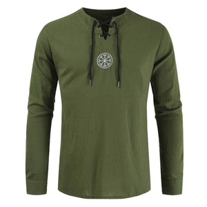 Men's T shirt Drawsting Shirts Tops Blouses Fashion Cotton Linen Solid Medieval Retro Costume Long Sleeve Autumn Tops camisas