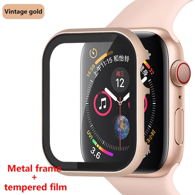 Glass+Frame matel case For Apple Watch 5 4 3 44mm 42mm iwatch band 40mm 38mm Metal bumper All-around screen protector frame