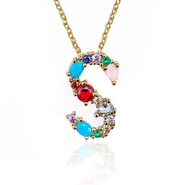 Multicolor charm Gold pendant necklace micro pave zircon initial 26 letter necklaces Couple Name necklace Christmas gift