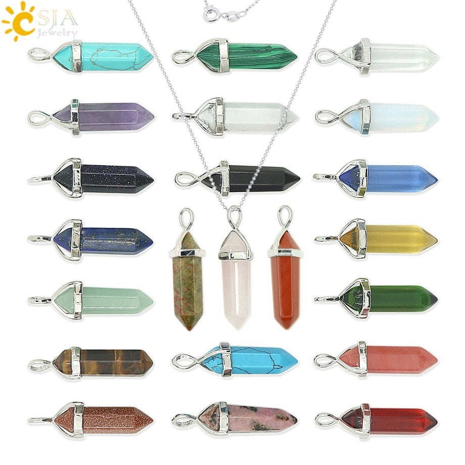CSJA Real Raw Gem Pink Purple Crystal Hexagonal Bullet Reiki Point Chakra Natural Stone Pendant 2016 Necklace Women Jewelry E056