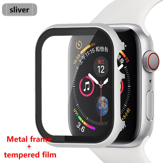 Glass+Frame matel case For Apple Watch 5 4 3 44mm 42mm iwatch band 40mm 38mm Metal bumper All-around screen protector frame
