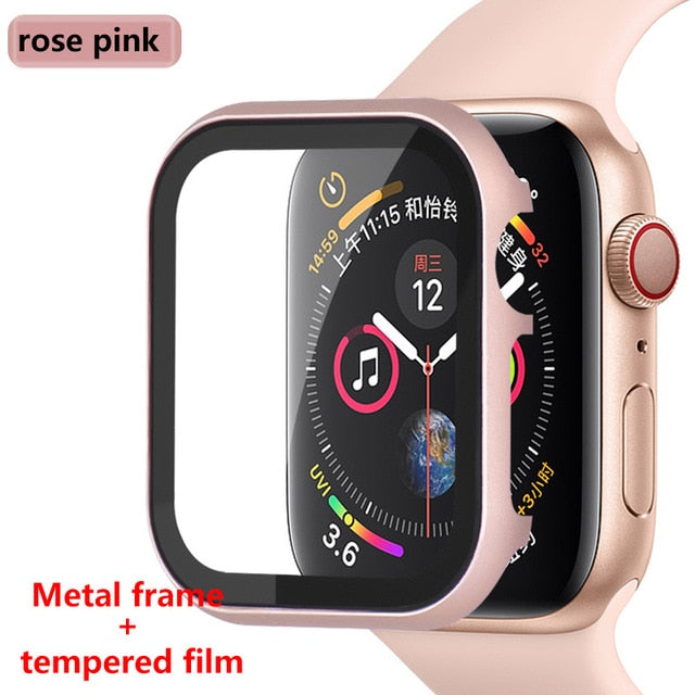 Glass+Frame matel case For Apple Watch 5 4 3 44mm 42mm iwatch band 40mm 38mm Metal bumper All-around screen protector frame