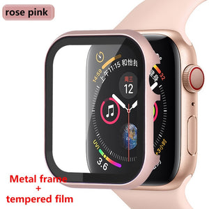 Glass+Frame matel case For Apple Watch 5 4 3 44mm 42mm iwatch band 40mm 38mm Metal bumper All-around screen protector frame