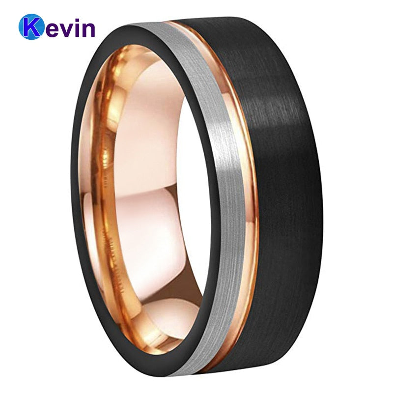 Mens Womens Wedding Band Tungsten Carbide Ring Black Rose Gold With Offset Groove And Brush Finish