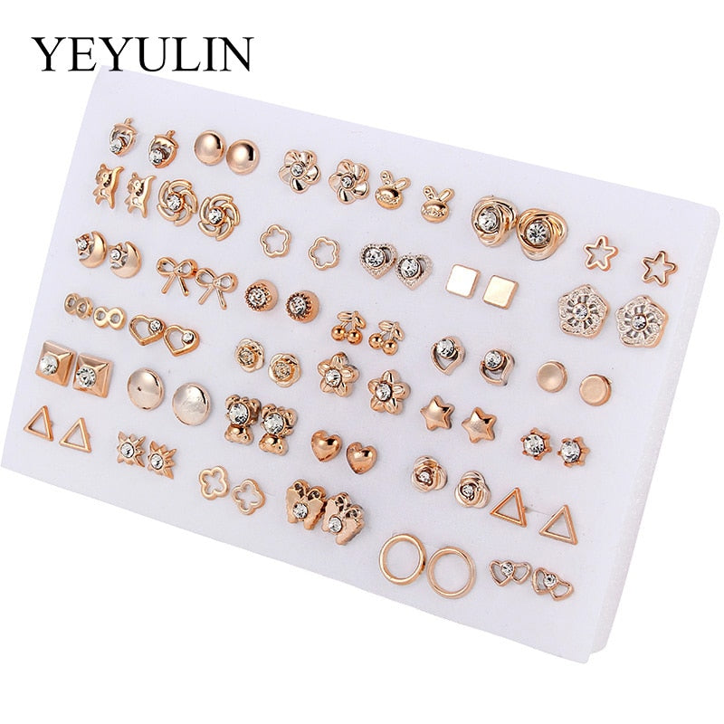 36Pairs/18pairs Earrings Mixed Styles Rhinestone Sun Flower Geometric Animal Plastic Stud Earrings Set For Women Girls Jewelry