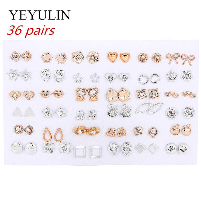 36Pairs/18pairs Earrings Mixed Styles Rhinestone Sun Flower Geometric Animal Plastic Stud Earrings Set For Women Girls Jewelry