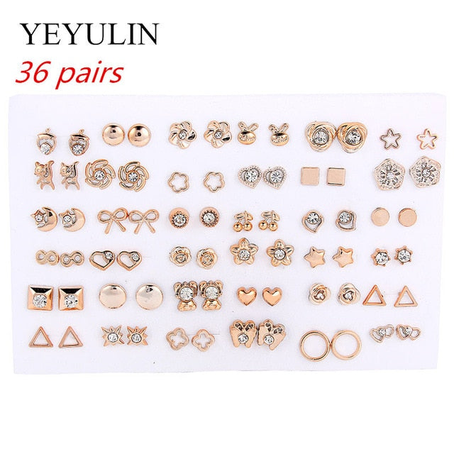 36Pairs/18pairs Earrings Mixed Styles Rhinestone Sun Flower Geometric Animal Plastic Stud Earrings Set For Women Girls Jewelry