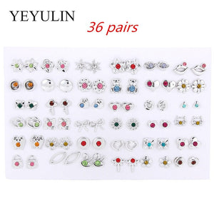 36Pairs/18pairs Earrings Mixed Styles Rhinestone Sun Flower Geometric Animal Plastic Stud Earrings Set For Women Girls Jewelry