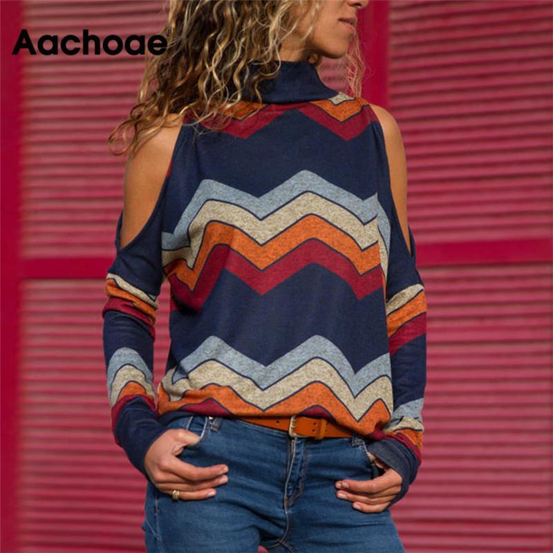Women Blouses Sexy Cold Shoulder Tops Casual Turtleneck Knitted Top Jumper Pullover Print Long Sleeve Shirt Blusas Camisas Mujer