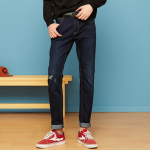 Metersbonwe Straight Jeans Men Casual Hole Design Jeans Autumn Youth Hole Design Trend Slim Jeans Mens Pants Male Trousers