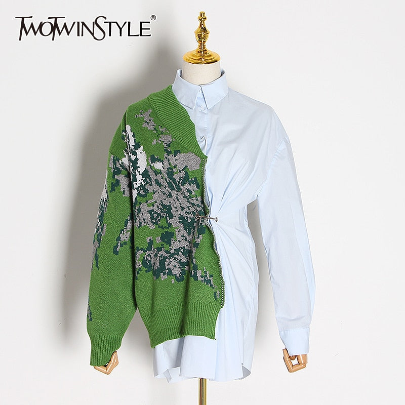 TWOTWINSTYLE Patchwork Hit Color Kitting Shirts Female Lapel Collar Long Sleeve High Waist Tunic Irregular Blouses Women Fashion