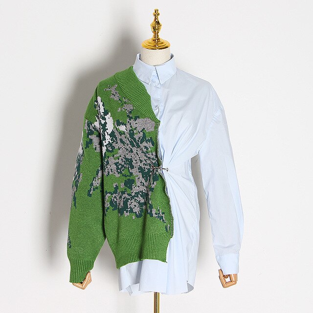 TWOTWINSTYLE Patchwork Hit Color Kitting Shirts Female Lapel Collar Long Sleeve High Waist Tunic Irregular Blouses Women Fashion