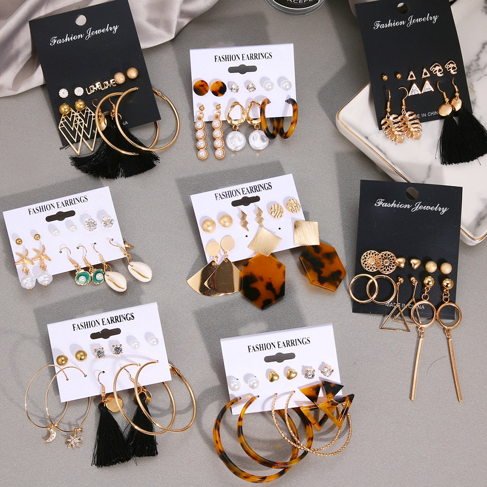 VKME 2019 Fashion Shell Earrings Set For Women Bohemian Flower Tassel Long Stud Earring 6pair / set Female Brincos Beach Jewelry