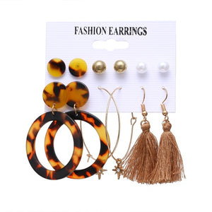 VKME 2019 Fashion Shell Earrings Set For Women Bohemian Flower Tassel Long Stud Earring 6pair / set Female Brincos Beach Jewelry