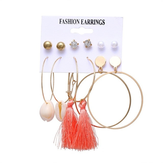 VKME 2019 Fashion Shell Earrings Set For Women Bohemian Flower Tassel Long Stud Earring 6pair / set Female Brincos Beach Jewelry