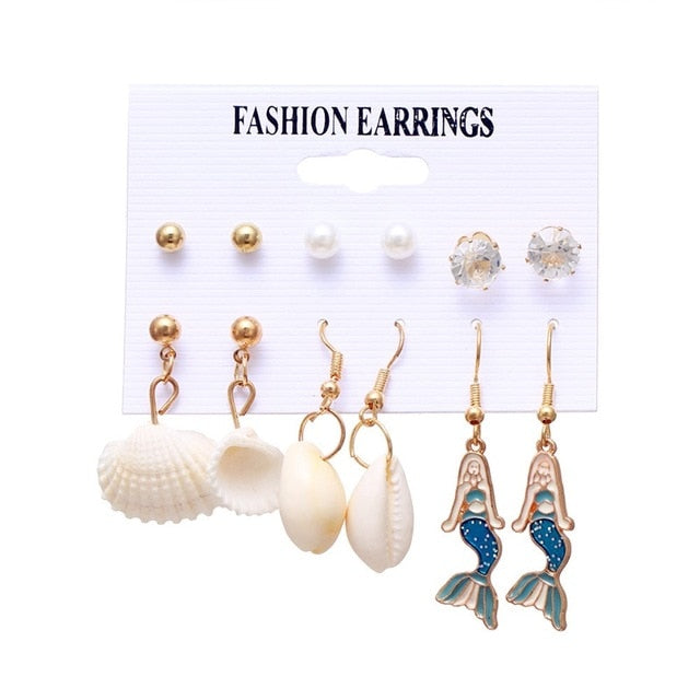 VKME 2019 Fashion Shell Earrings Set For Women Bohemian Flower Tassel Long Stud Earring 6pair / set Female Brincos Beach Jewelry