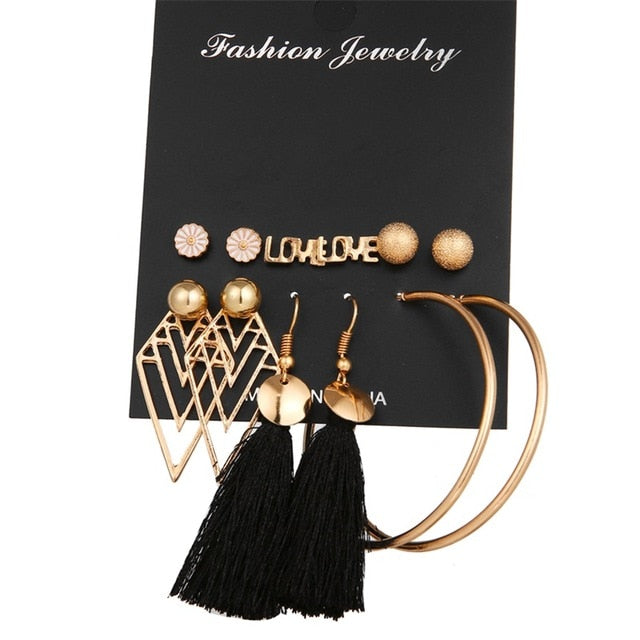 VKME 2019 Fashion Shell Earrings Set For Women Bohemian Flower Tassel Long Stud Earring 6pair / set Female Brincos Beach Jewelry