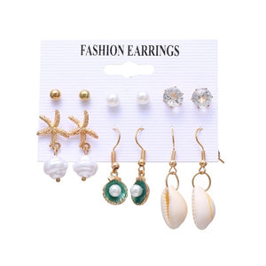 VKME 2019 Fashion Shell Earrings Set For Women Bohemian Flower Tassel Long Stud Earring 6pair / set Female Brincos Beach Jewelry