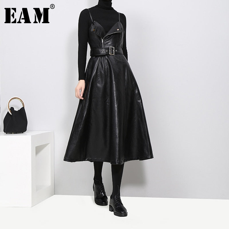 [EAM] 2020 New Autumn Winter Solid Color Strapless Black PU Leather High Waist Belt Zipper Loose Dress Women Fashion Tide JD032