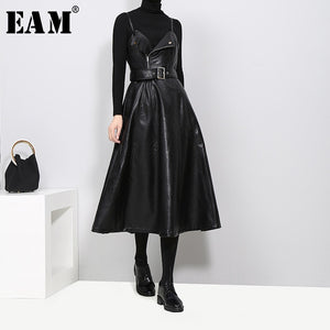 [EAM] 2020 New Autumn Winter Solid Color Strapless Black PU Leather High Waist Belt Zipper Loose Dress Women Fashion Tide JD032
