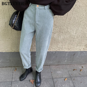 BGTEEVER Spring Autumn Women Corduroy Pants Fashion High Waist Female Straight Pants Streetwear Women Trousers Capris 2020