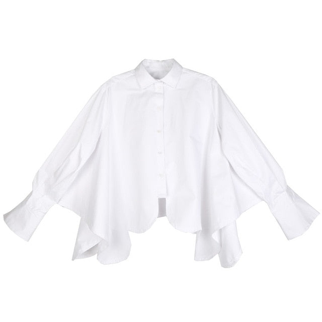 [EAM]2020 New Autumn Winter Lapel Long Sleeve White Irregular Hem Cut Stitch Irregular Big Size Shirt Women Blouse Fashion JO195