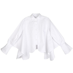 [EAM]2020 New Autumn Winter Lapel Long Sleeve White Irregular Hem Cut Stitch Irregular Big Size Shirt Women Blouse Fashion JO195