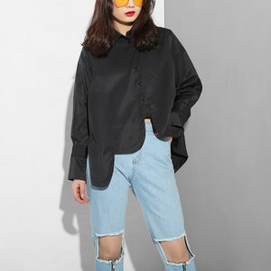 [EAM]2020 New Autumn Winter Lapel Long Sleeve White Irregular Hem Cut Stitch Irregular Big Size Shirt Women Blouse Fashion JO195