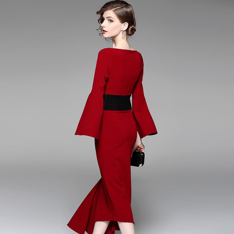 New irregular waist-tightening dress, red medium-length dress and dress for banquet dress in 2019