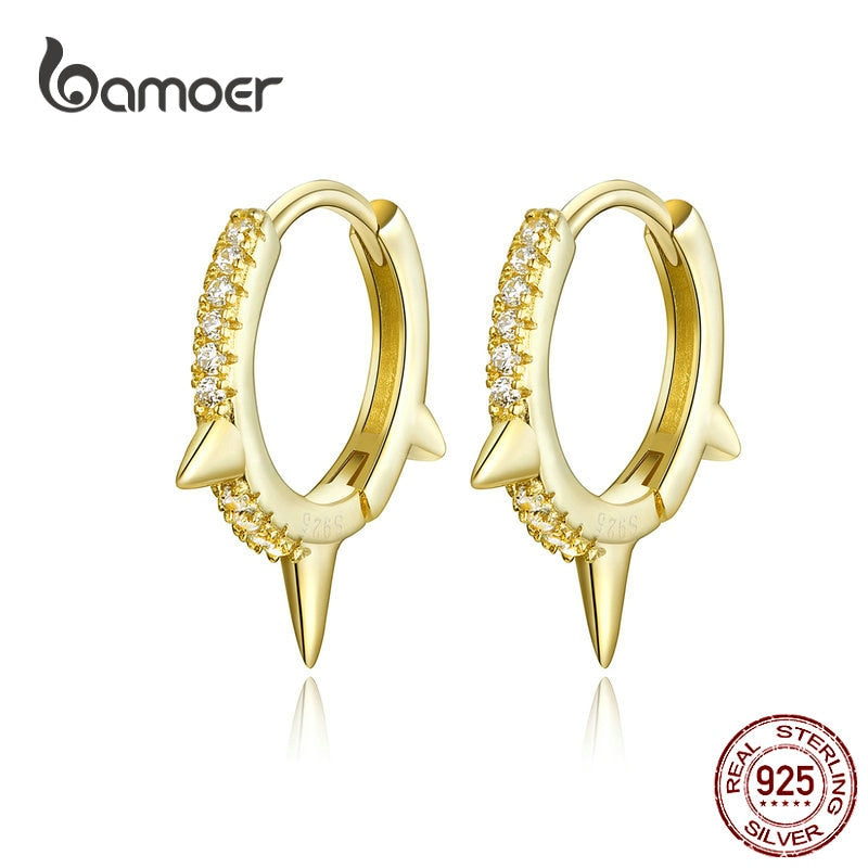 bamoer Gold Color Punk Ear Hoops Sterling Silver 925 Gear Hoop Earrings for Women and Men Zirconia Hiphop Jewelry BSE168