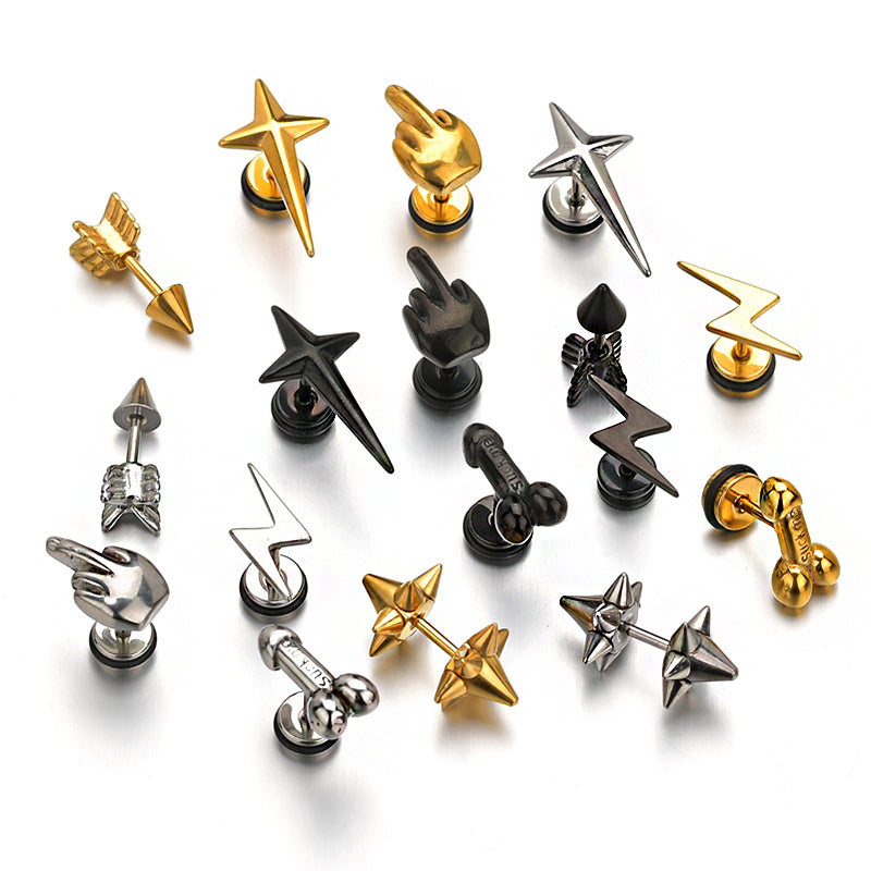 Punk Stainless Steel Stud Earrings For Women Men Thunder Rockets Arrow Finger Cool Prevent Allergy Gold Black Puncture Earring