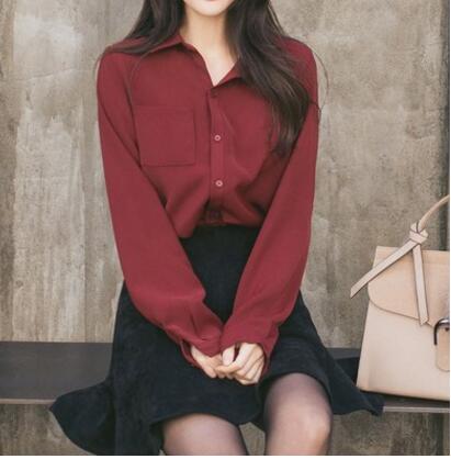 Black Shirt Female Long Sleeve Korean Edition Spring New Relaxed Loose Fitting Student Chiffon Shirt Office Lady Basic Shirt