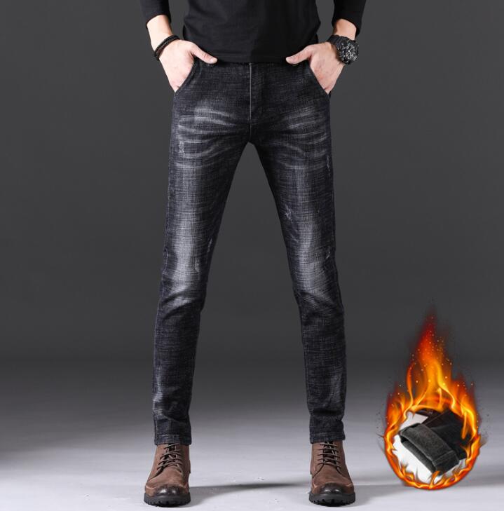 2019 Winter Warm Fleece Thickening Men Jeans Fashion Popular Long Straight Male Pants