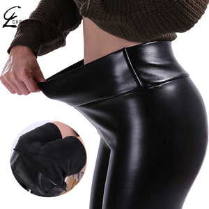 CHRLEISURE S-5XL Women Plus Size Winter Leather Pants Warm Velvet Pant High Waist Trousers Women Thick Stretch Pantalon Femme