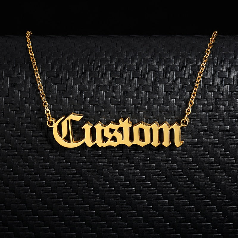 Personalized Old English Font Letter Name Custom Necklaces For Women Men Stainless Steel Gold Silver Long Chain Pendant Necklace