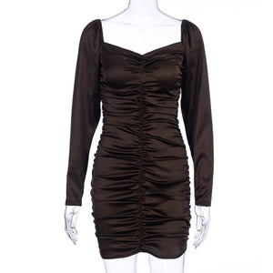 Hugcitar 2019 long puff sleeve slash neck satin pleated sexy mini dress autumn winter women solid party elegant streetwear outfi
