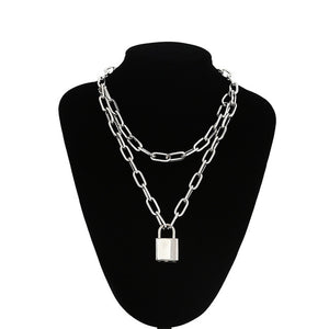 Double layer Lock Chain necklace punk 90s link chain silver color padlock pendant necklace women fashion gothic  jewelry