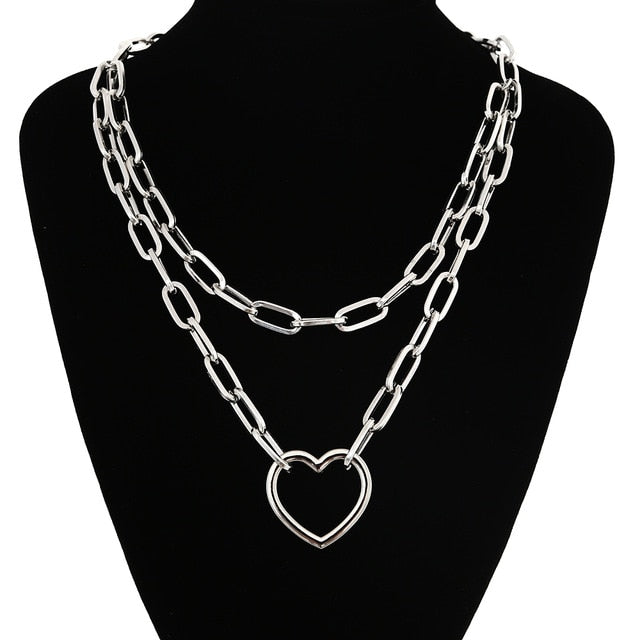 Double layer Lock Chain necklace punk 90s link chain silver color padlock pendant necklace women fashion gothic  jewelry