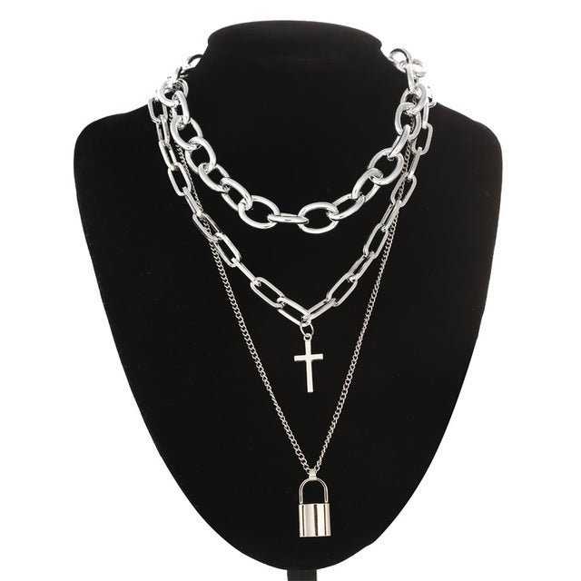 Double layer Lock Chain necklace punk 90s link chain silver color padlock pendant necklace women fashion gothic  jewelry