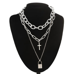 Double layer Lock Chain necklace punk 90s link chain silver color padlock pendant necklace women fashion gothic  jewelry