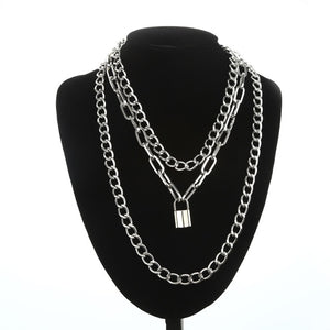 Double layer Lock Chain necklace punk 90s link chain silver color padlock pendant necklace women fashion gothic  jewelry