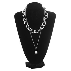 Double layer Lock Chain necklace punk 90s link chain silver color padlock pendant necklace women fashion gothic  jewelry