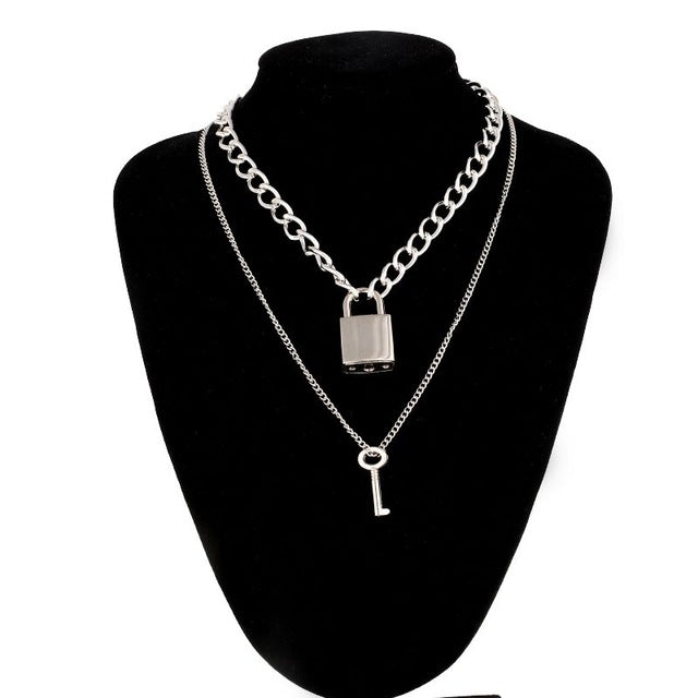 Double layer Lock Chain necklace punk 90s link chain silver color padlock pendant necklace women fashion gothic  jewelry