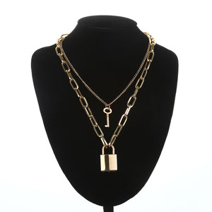 Double layer Lock Chain necklace punk 90s link chain silver color padlock pendant necklace women fashion gothic  jewelry